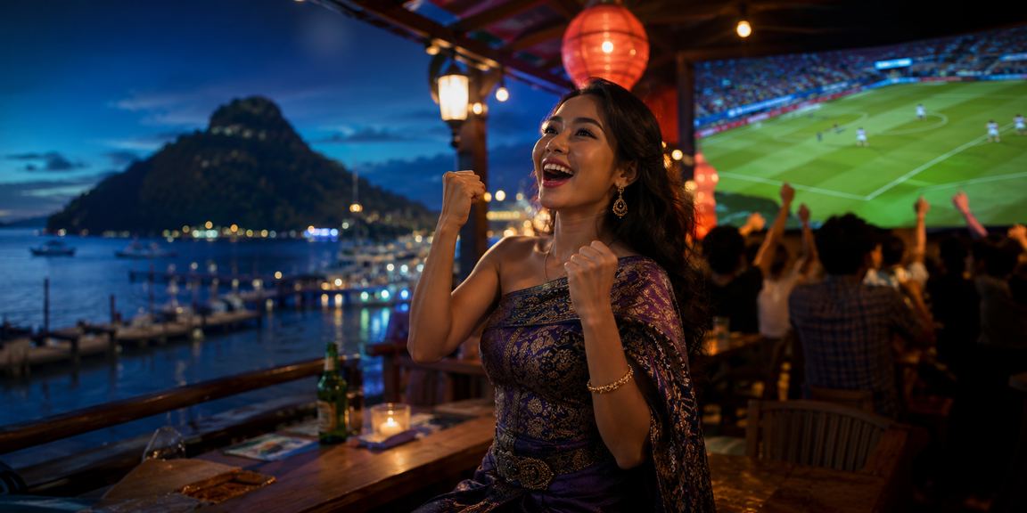 Perempuan berpose elegan di depan layar taruhan casino yang bercahaya