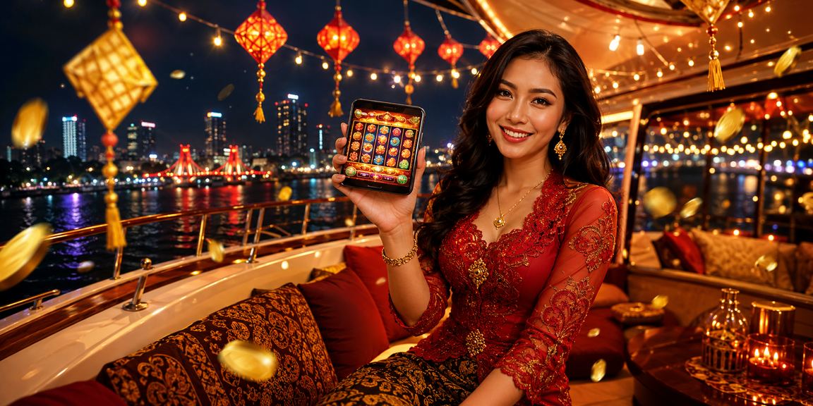 Layar slot game berwarna-warni di tengah suasana festival yang meriah